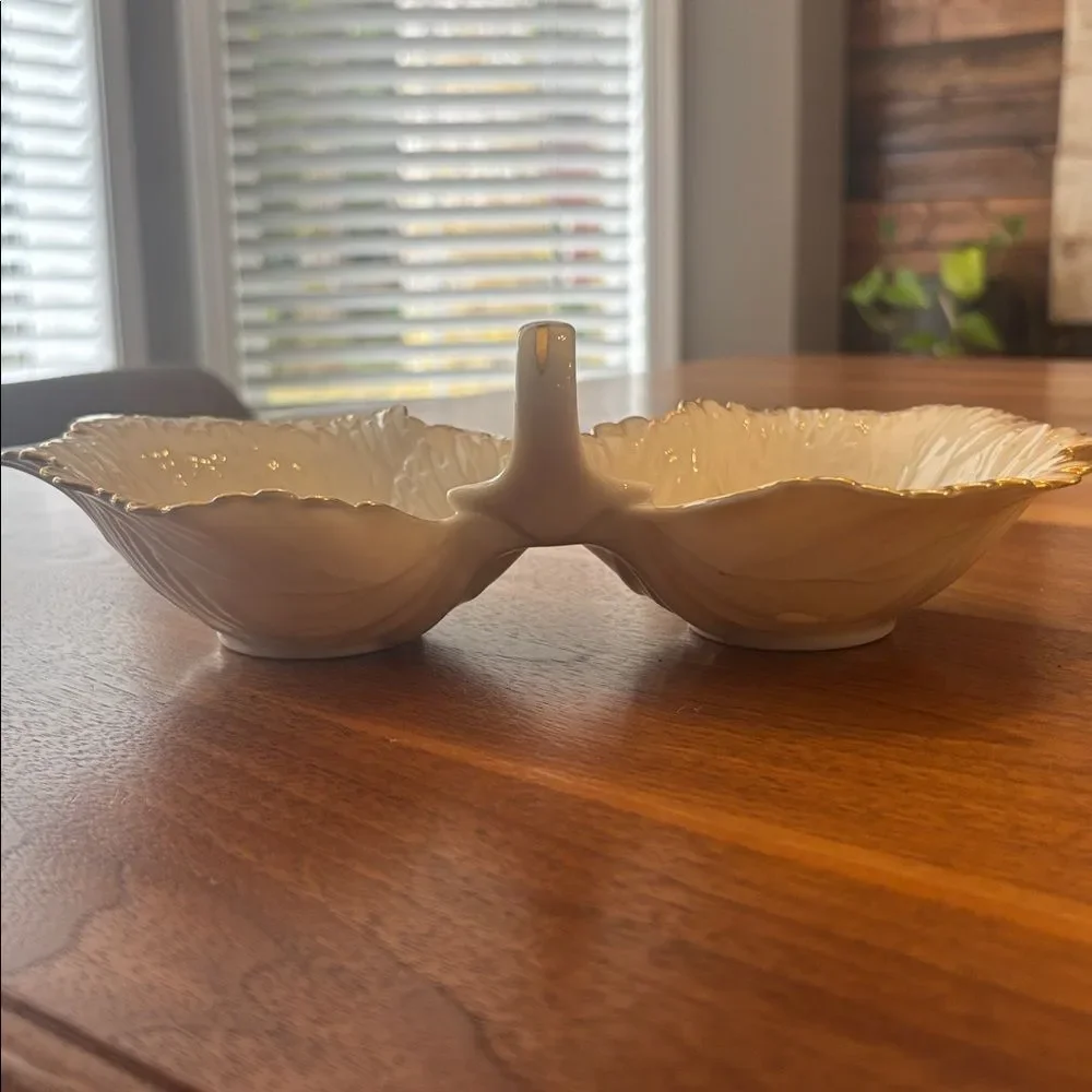 Lenox Double Leaf Leaves Cream Gold Candy Trinket Catch All Dish Made in USA